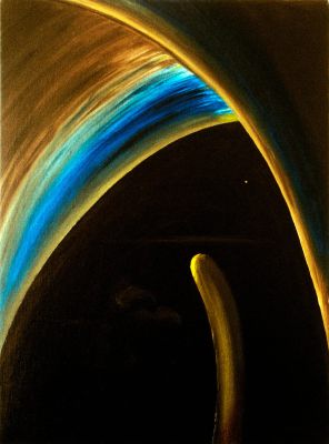 Sonnenaufgang hinter einem Streichholz, von einem trunkenen Mathematiker beobachtet (Öl auf Leinwand, 60 x 80 cm 1990)